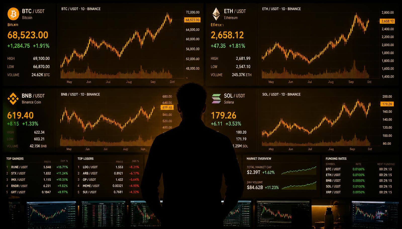 A trader silhouetted in front of a wall of crypto price charts