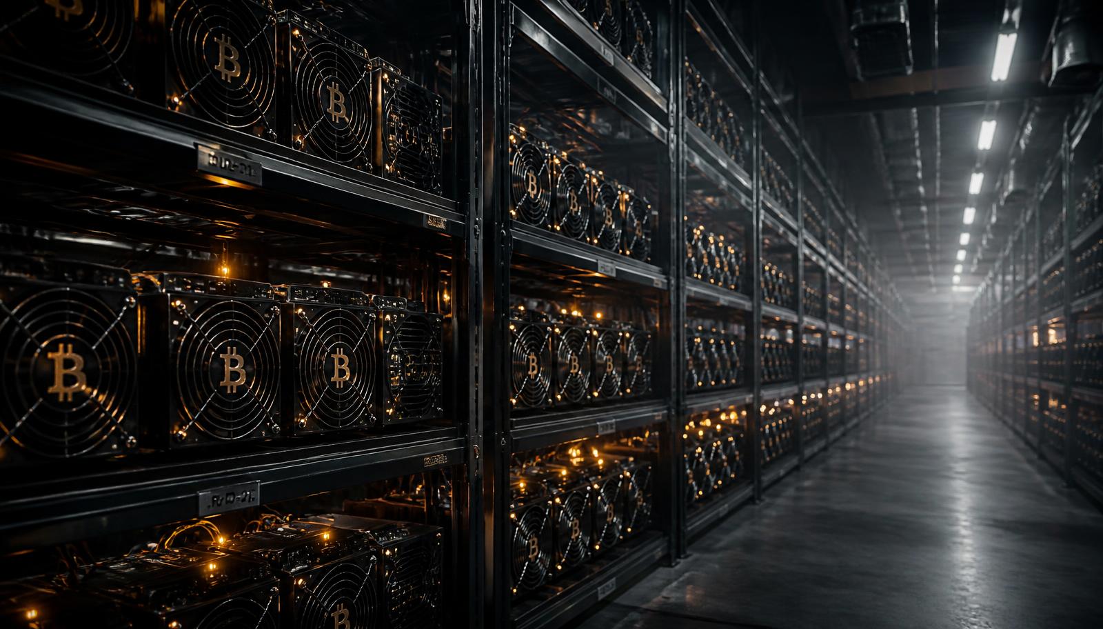 Rows of bitcoin mining machines in a dark data centre