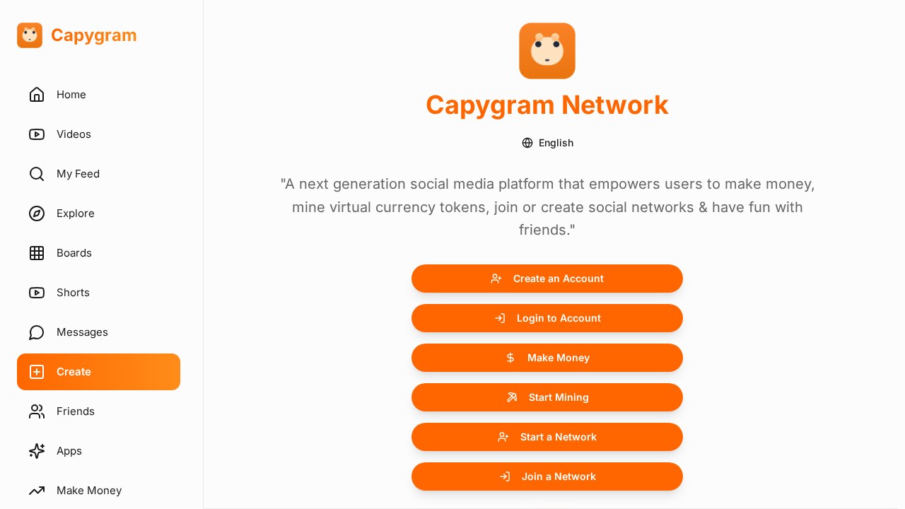 Screenshot of the Capygram Network home screen showing mining, make money and network options in the sidebar
