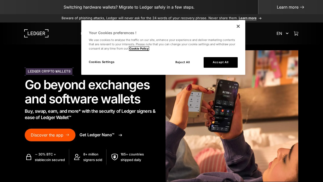 Screenshot of the Ledger website showing its hardware wallet product range