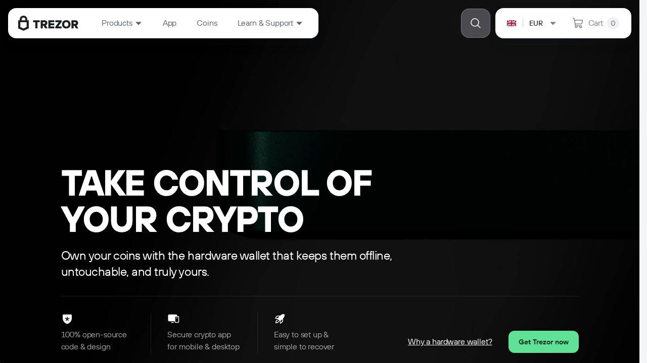 Screenshot of the Trezor website showing its hardware wallet lineup