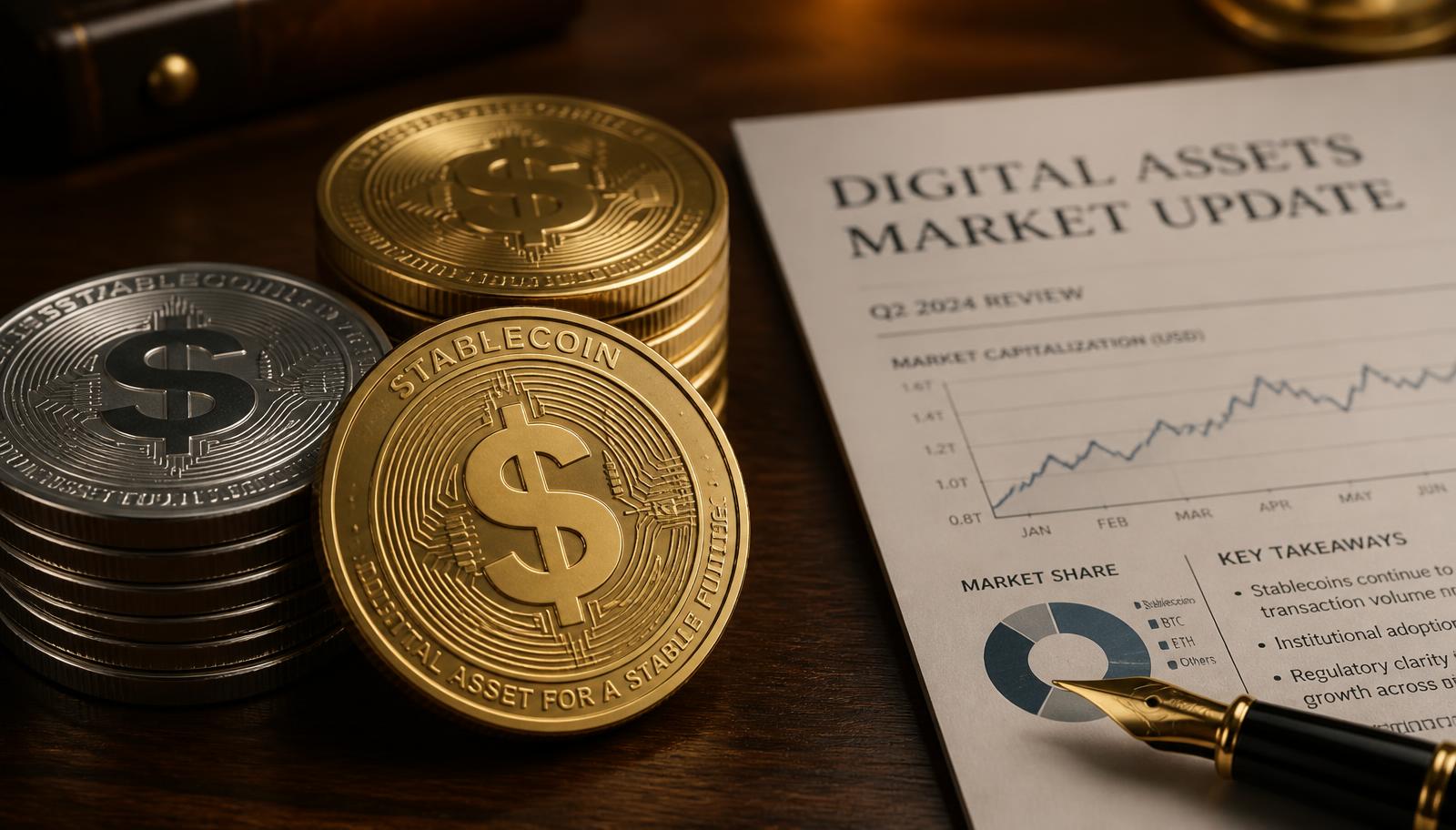 Stablecoin tokens beside a printed digital assets market report